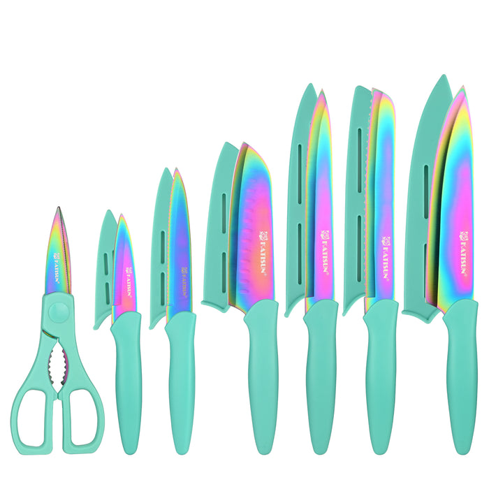 13 Piece Rainbow Non-Stick Stainless Steel Boxed Knives Set,Anti-Rust and Dishwasher Safe