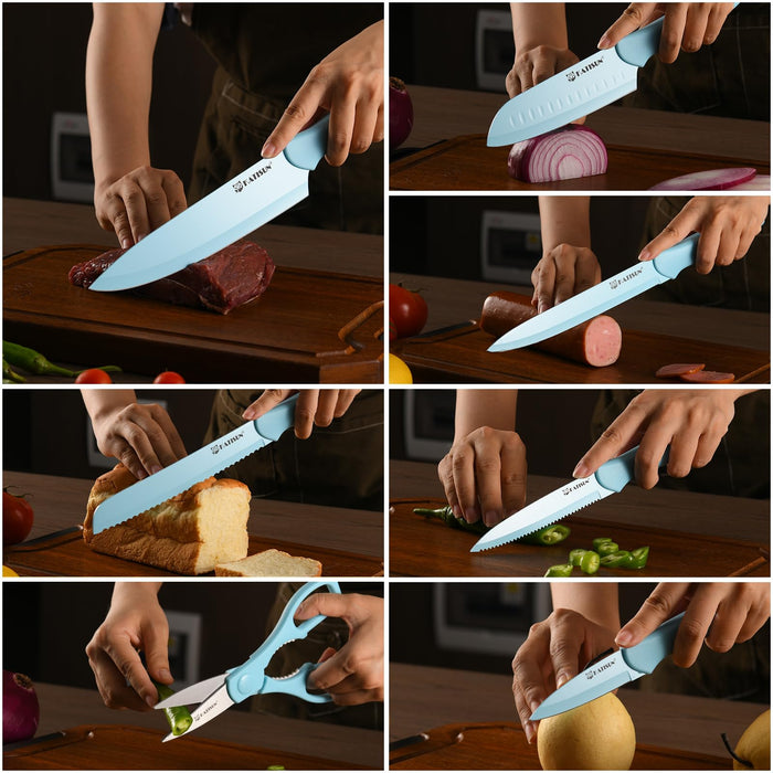 13 Piece Blue Non-Stick Stainless Steel Boxed Knives Set,Anti-Rust and Dishwasher Safe