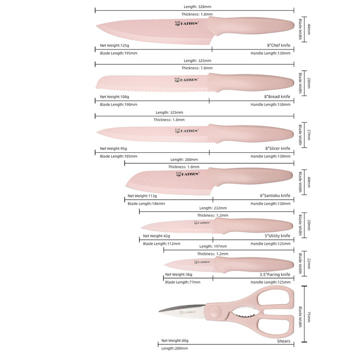 13 Piece Pink Non-Stick Stainless Steel Boxed Knives Set,Anti-Rust and Dishwasher Safe