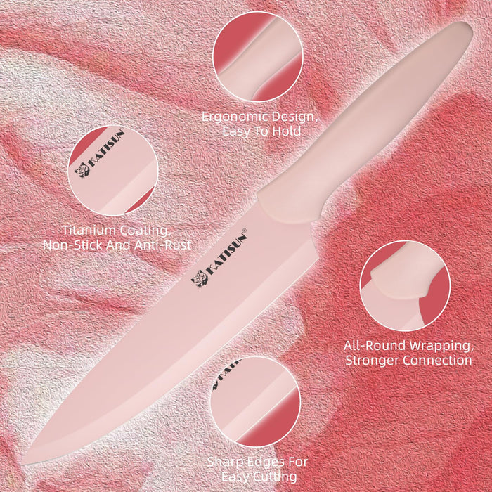 13 Piece Pink Non-Stick Stainless Steel Boxed Knives Set,Anti-Rust and Dishwasher Safe