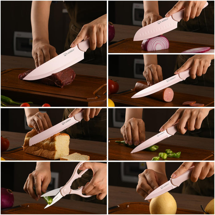 13 Piece Pink Non-Stick Stainless Steel Boxed Knives Set,Anti-Rust and Dishwasher Safe