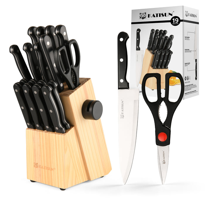 19-Piece German Steel Knife Set with Black Block,Dishwasher Safe, Anti-Slip Handle