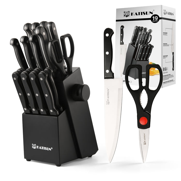 19-Piece German Steel Knife Set with Black Block,Dishwasher Safe, Anti-Slip Handle