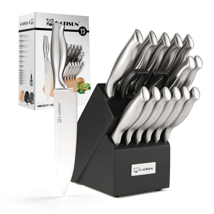 15 Pieces Knife Set with Black Block, Knives Set for Kitchen, Silver Hollow Ergonomic Handle for Chef Knife Set, Kitchen Shears