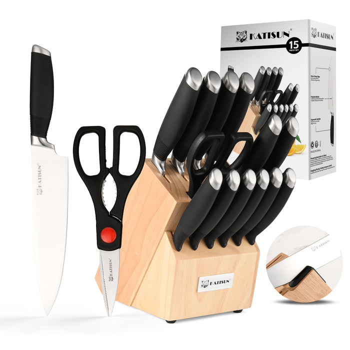 15-Piece German Steel Knife Set with Ergonomic Handle Knife Block set,Dishwasher Safe with Built-in Sharpener