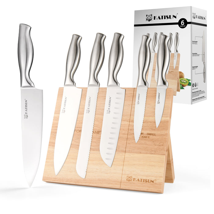 6-Piece German Steel Knife Set with Wood Magnetic Knife Holder Block