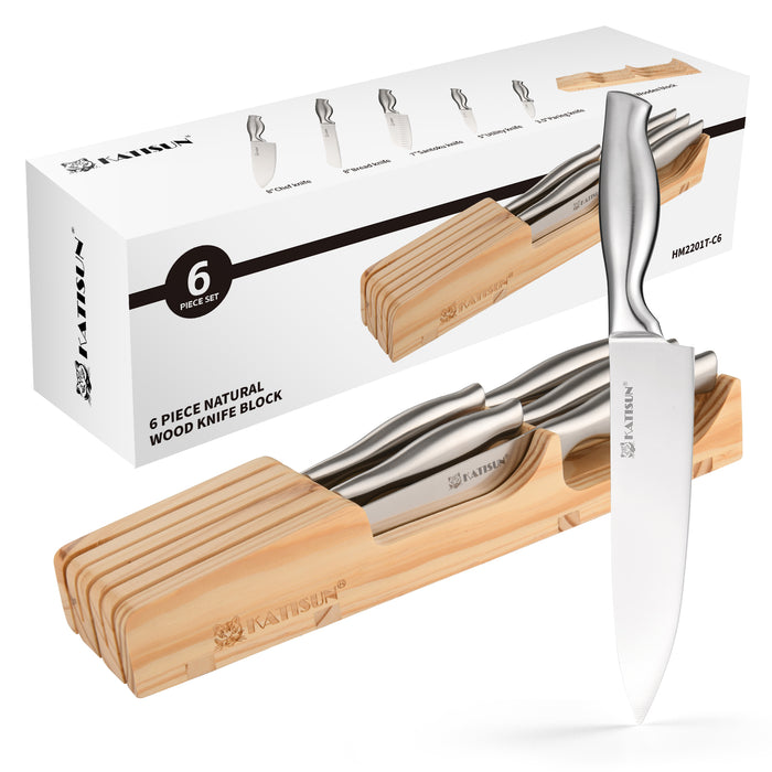 6 Pieces Knife Block Sets with Pine Knives Drawer Organizer