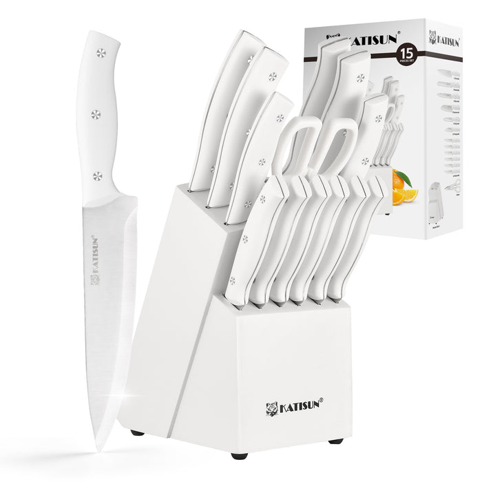 15-Piece White Kitchen Knife Set with Built-in Sharpening Stone, Ergonomic Triple Rivet Fixed Handles, Dishwasher Safe