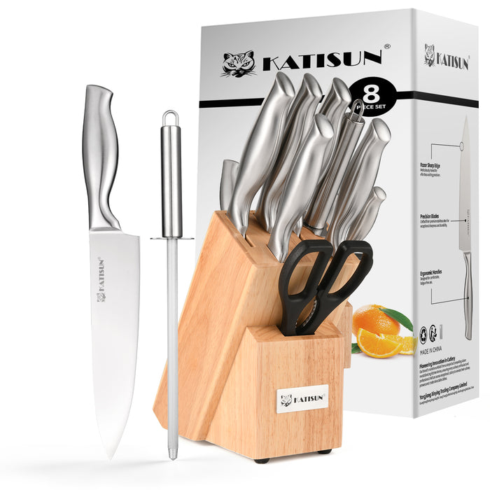8 Piece German Steel Knife Set With Block, Ergonomic Handle Chef Knives