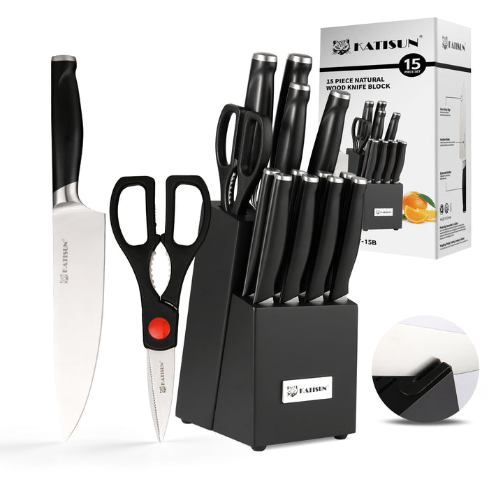 15-Piece Kitchen Knife Set with Black Block, ABS Ergonomic Handle for Chef Knife Set and Serrated Steak Knives Knife Sharpener and Kitchen Shears, Dishwasher Safe