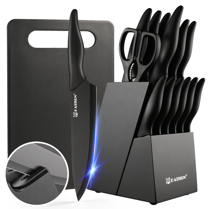15+1 Pieces Kitchen Knife Block Set with Cutting Board, German Stainless Steel Knife Set with Sharpener, Dishwasher Safe, Anti-Slip Handle