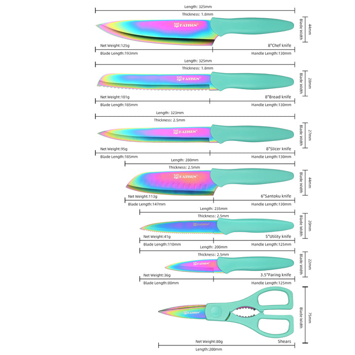 13 Piece Rainbow Non-Stick Stainless Steel Boxed Knives Set,Anti-Rust and Dishwasher Safe