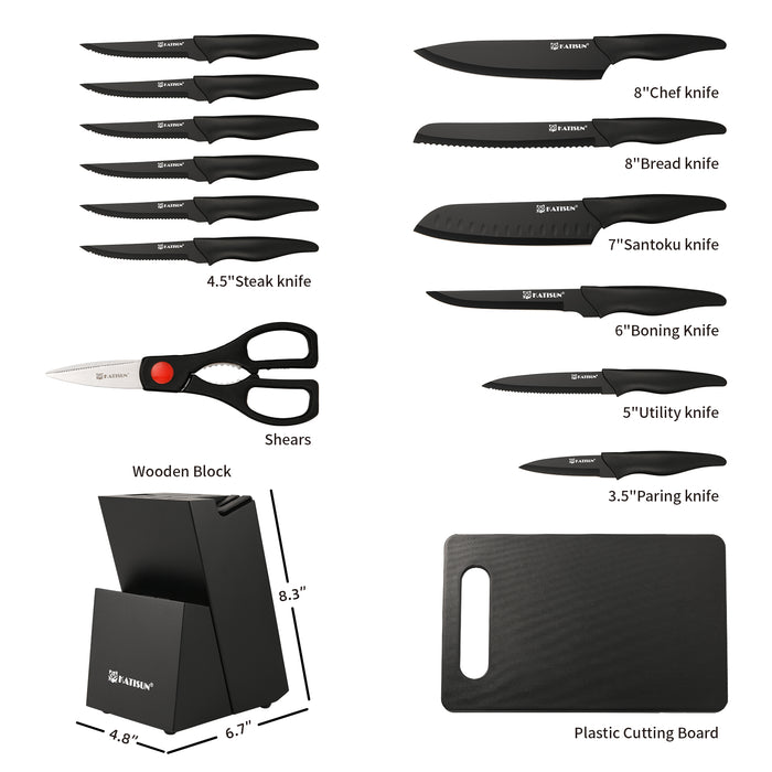 15+1 Pieces Kitchen Knife Block Set with Cutting Board, German Stainless Steel Knife Set with Sharpener, Dishwasher Safe, Anti-Slip Handle