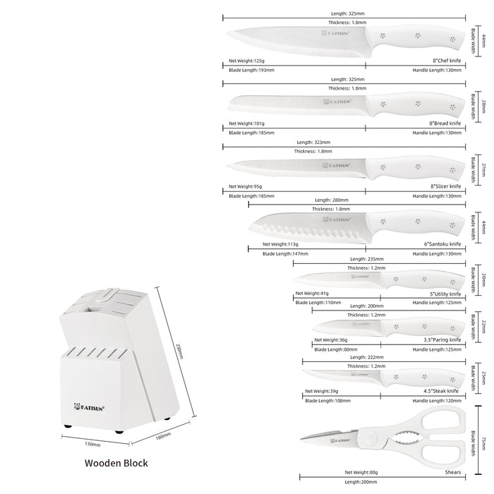 15-Piece White Kitchen Knife Set with Built-in Sharpening Stone, Ergonomic Triple Rivet Fixed Handles, Dishwasher Safe