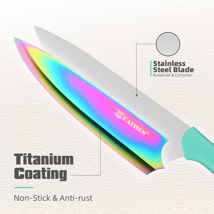 14 Piece Rainbow Titanium Coated Stainless Steel Knives Set, Anti-Rust and Dishwasher Safe, 12 Knives with Kitchen Shears and Block