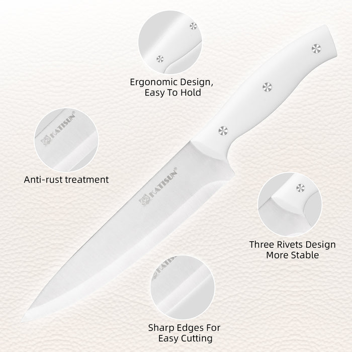 15-Piece White Kitchen Knife Set with Built-in Sharpening Stone, Ergonomic Triple Rivet Fixed Handles, Dishwasher Safe