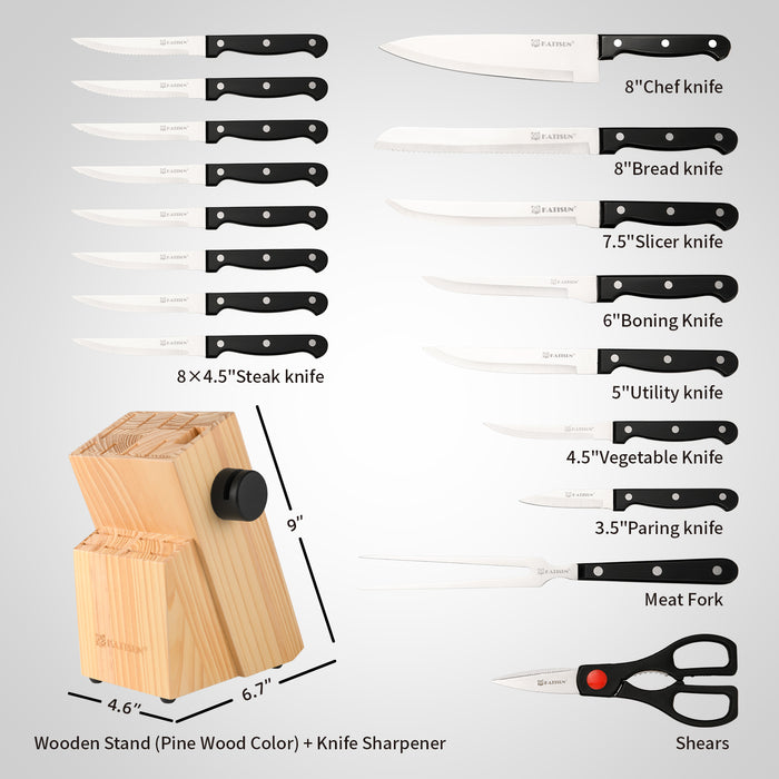 19-Piece German Steel Knife Set with Black Block,Dishwasher Safe, Anti-Slip Handle