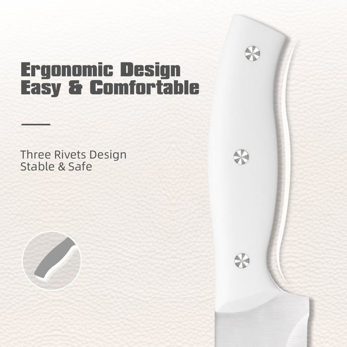 15-Piece White Kitchen Knife Set with Built-in Sharpening Stone, Ergonomic Triple Rivet Fixed Handles, Dishwasher Safe