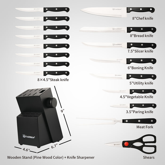 19-Piece German Steel Knife Set with Black Block,Dishwasher Safe, Anti-Slip Handle