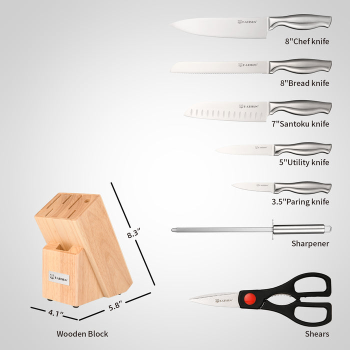 8 Piece German Steel Knife Set With Block, Ergonomic Handle Chef Knives