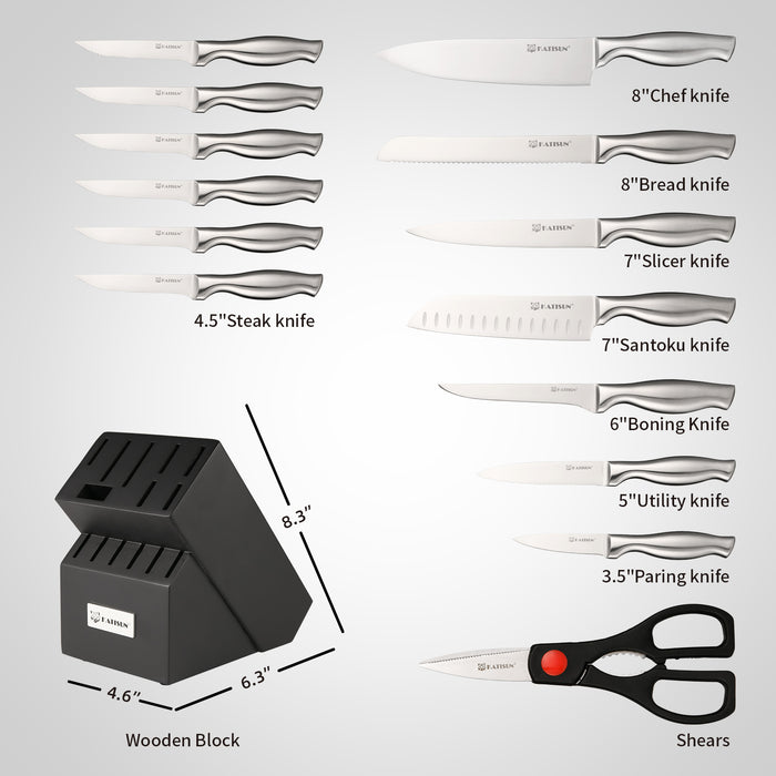 15 Pieces Knife Set with Black Block, Knives Set for Kitchen, Silver Hollow Ergonomic Handle for Chef Knife Set, Kitchen Shears