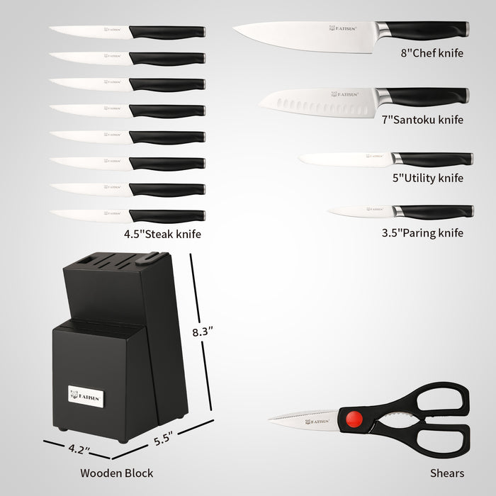 15-Piece Kitchen Knife Set with Black Block, ABS Ergonomic Handle for Chef Knife Set and Serrated Steak Knives Knife Sharpener and Kitchen Shears, Dishwasher Safe