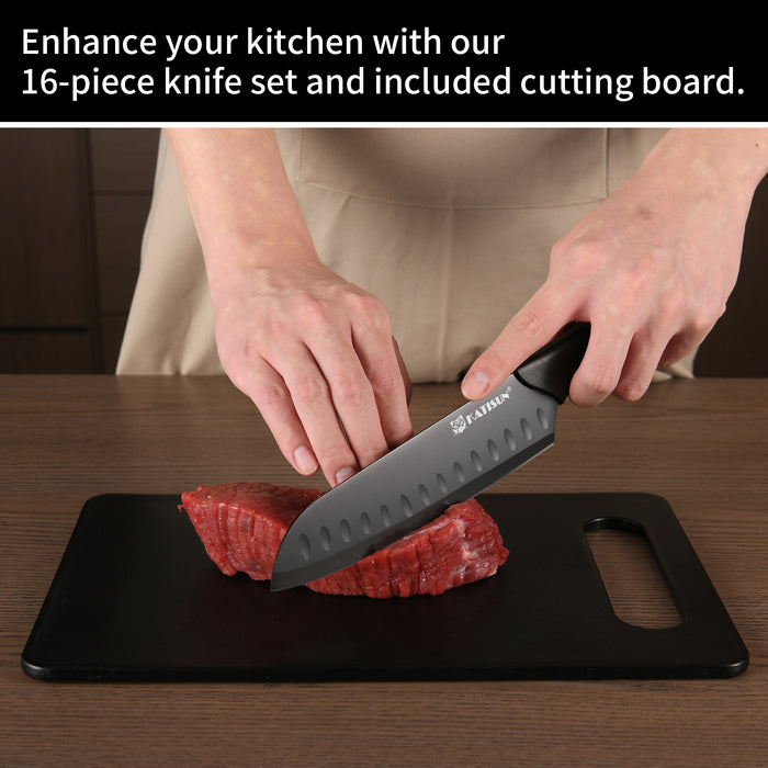 15+1 Pieces Kitchen Knife Block Set with Cutting Board, German Stainless Steel Knife Set with Sharpener, Dishwasher Safe, Anti-Slip Handle