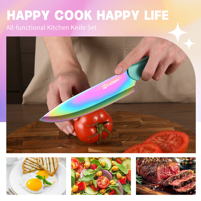 14 Piece Rainbow Titanium Coated Stainless Steel Knives Set, Anti-Rust and Dishwasher Safe, 12 Knives with Kitchen Shears and Block