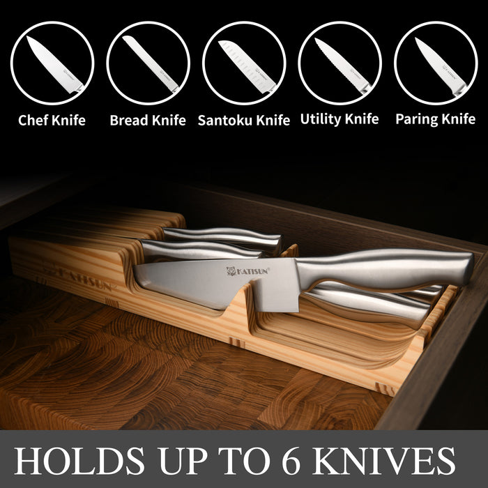 6 Pieces Knife Block Sets with Pine Knives Drawer Organizer