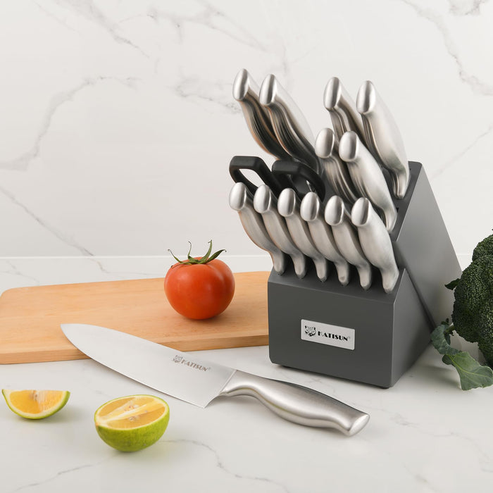 15 Pieces Knife Set with Gray Block, Knives Set for Kitchen, Silver Hollow Ergonomic Handle for Chef Knife Set, Kitchen Shears