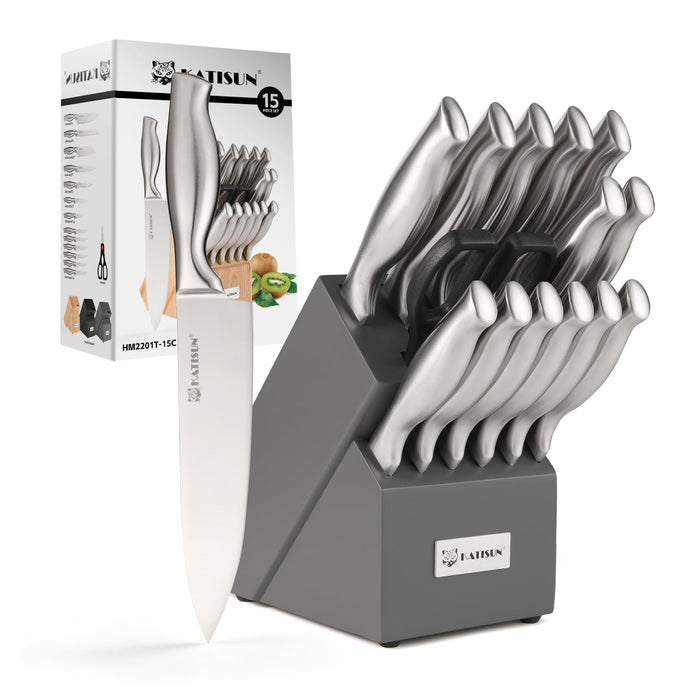 15 Pieces Knife Set with Gray Block, Knives Set for Kitchen, Silver Hollow Ergonomic Handle for Chef Knife Set, Kitchen Shears
