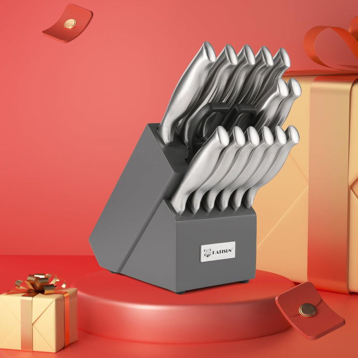 15 Pieces Knife Set with Gray Block, Knives Set for Kitchen, Silver Hollow Ergonomic Handle for Chef Knife Set, Kitchen Shears