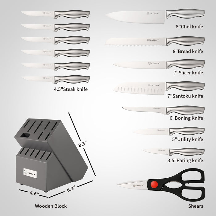 15 Pieces Knife Set with Gray Block, Knives Set for Kitchen, Silver Hollow Ergonomic Handle for Chef Knife Set, Kitchen Shears
