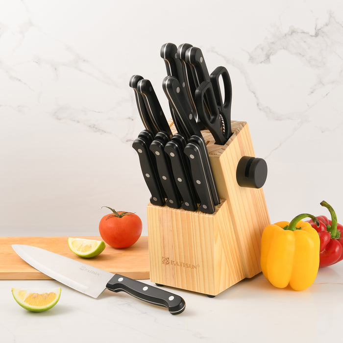 19-Piece German Steel Knife Set with Black Block,Dishwasher Safe, Anti-Slip Handle