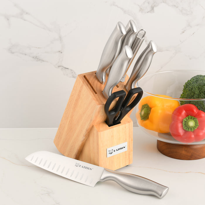 8 Piece German Steel Knife Set With Block, Ergonomic Handle Chef Knives