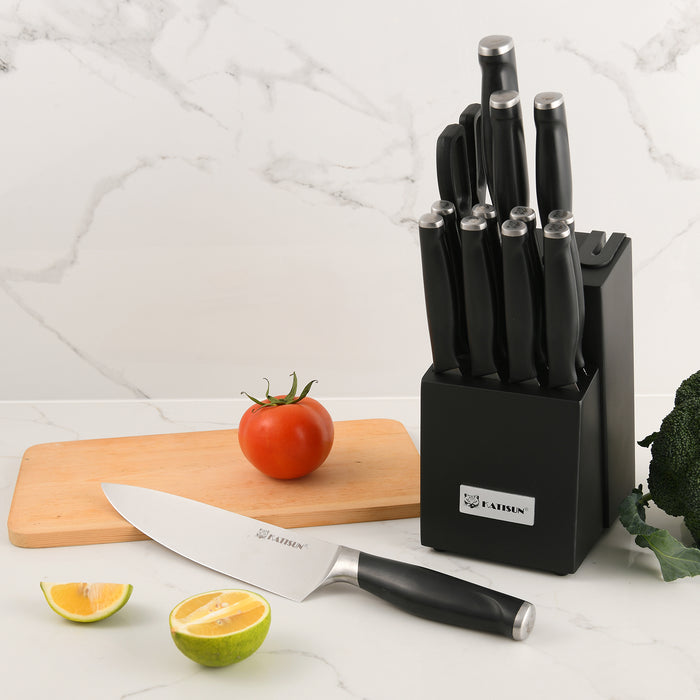 15-Piece Kitchen Knife Set with Black Block, ABS Ergonomic Handle for Chef Knife Set and Serrated Steak Knives Knife Sharpener and Kitchen Shears, Dishwasher Safe