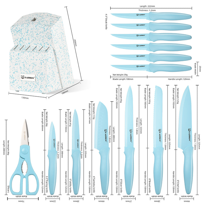 14 Piece Blue Coding Stainless Steel Knives Set, Anti-Rust and Dishwasher Safe, with Kitchen Shears and Block