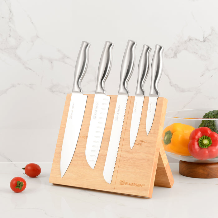 6-Piece German Steel Knife Set with Wood Magnetic Knife Holder Block