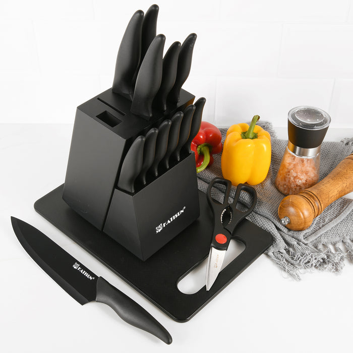 15+1 Pieces Kitchen Knife Block Set with Cutting Board, German Stainless Steel Knife Set with Sharpener, Dishwasher Safe, Anti-Slip Handle
