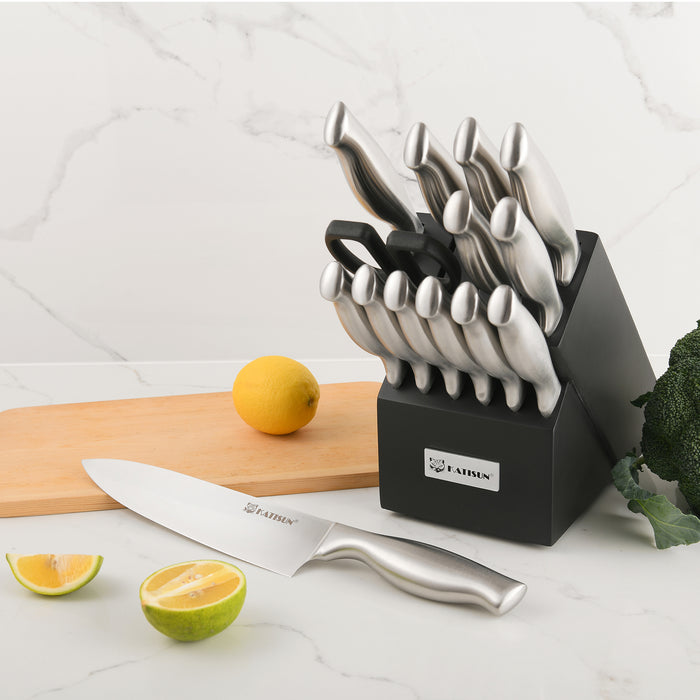 15 Pieces Knife Set with Black Block, Knives Set for Kitchen, Silver Hollow Ergonomic Handle for Chef Knife Set, Kitchen Shears