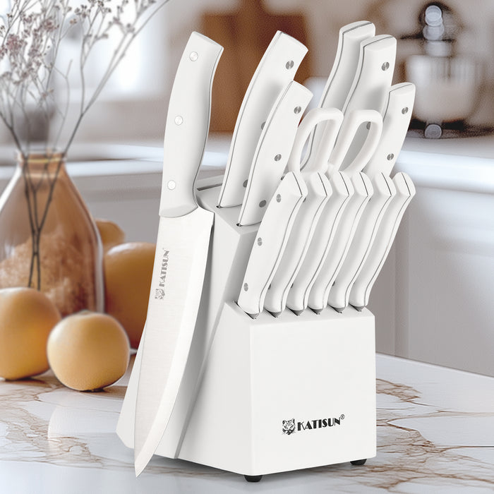 15-Piece White Kitchen Knife Set with Built-in Sharpening Stone, Ergonomic Triple Rivet Fixed Handles, Dishwasher Safe