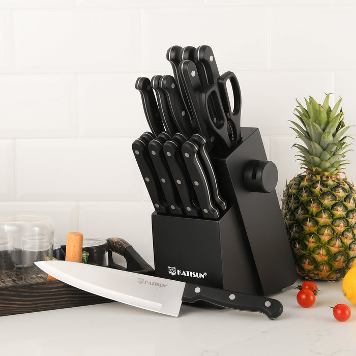 19-Piece German Steel Knife Set with Black Block,Dishwasher Safe, Anti-Slip Handle