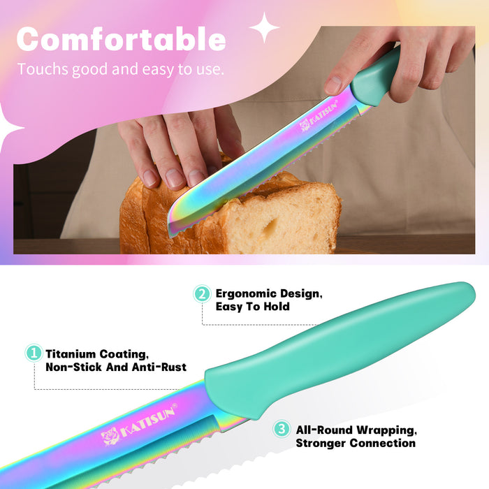 14 Piece Rainbow Titanium Coated Stainless Steel Knives Set, Anti-Rust and Dishwasher Safe, 12 Knives with Kitchen Shears and Block