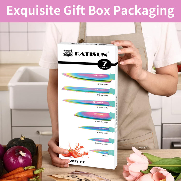13 Piece Rainbow Non-Stick Stainless Steel Boxed Knives Set,Anti-Rust and Dishwasher Safe