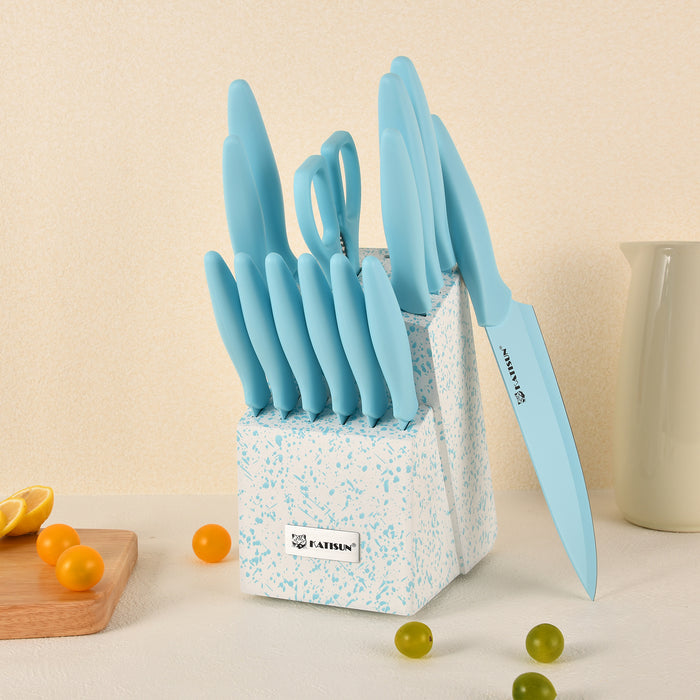 14 Piece Blue Coding Stainless Steel Knives Set, Anti-Rust and Dishwasher Safe, with Kitchen Shears and Block