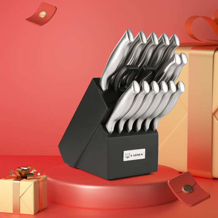 15 Pieces Knife Set with Black Block, Knives Set for Kitchen, Silver Hollow Ergonomic Handle for Chef Knife Set, Kitchen Shears