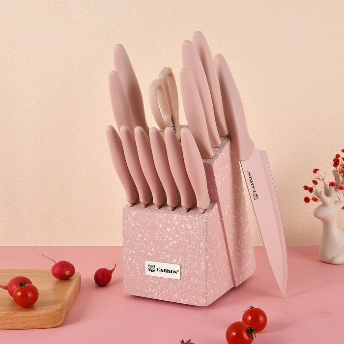 14 Piece Pink Color Coding Stainless Steel Knives Set, Anti-Rust and Dishwasher Safe, 12 Knives with Kitchen Shears and Block