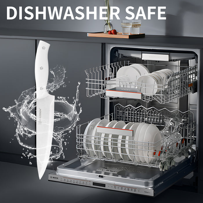 15-Piece White Kitchen Knife Set with Built-in Sharpening Stone, Ergonomic Triple Rivet Fixed Handles, Dishwasher Safe