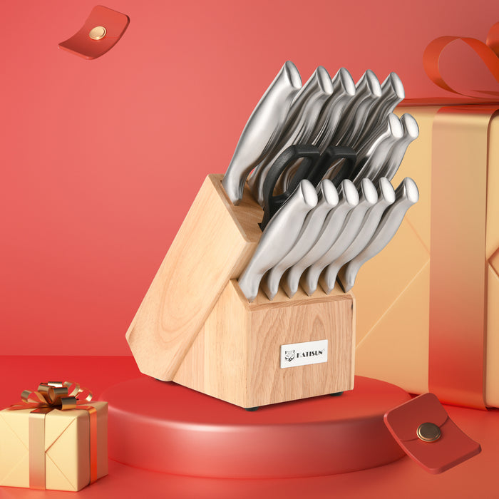 15 Pieces Knife Set with Block, Knives Set for Kitchen, Silver Hollow Ergonomic Handle for Chef Knife Set, Kitchen Shears