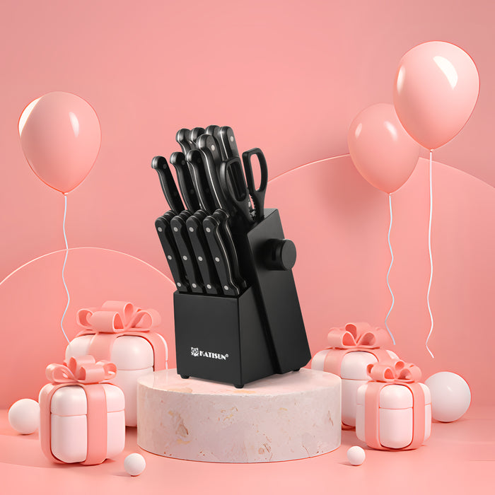19-Piece German Steel Knife Set with Black Block,Dishwasher Safe, Anti-Slip Handle